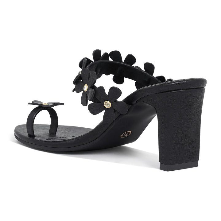 women floral applique slip-on block heels#color_black