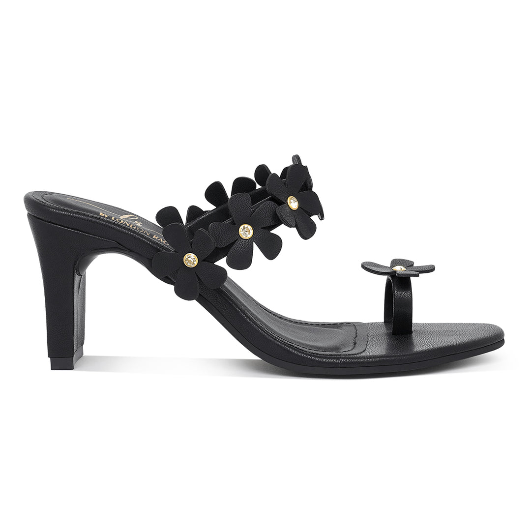 women floral applique slip-on block heels#color_black