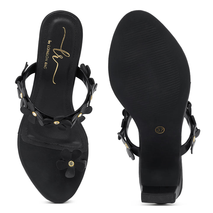 women floral applique slip-on block heels#color_black