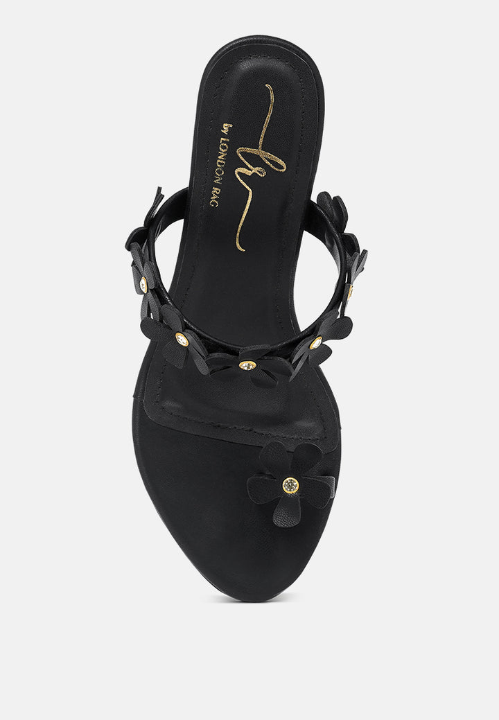 women floral applique slip-on block heels#color_black