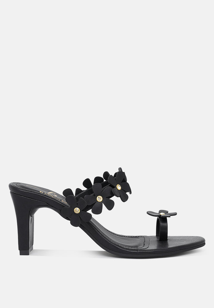 women floral applique slip-on block heels#color_black