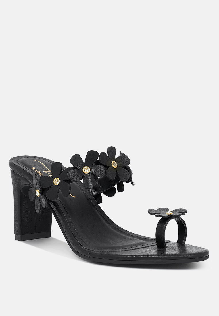 women floral applique slip-on block heels#color_black