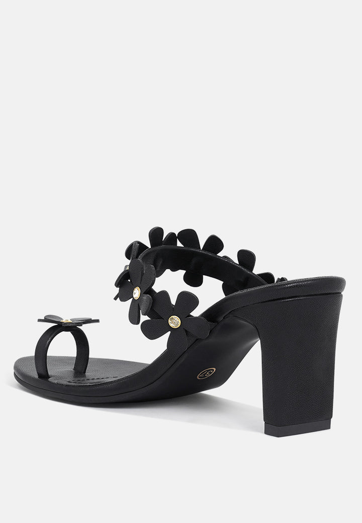 women floral applique slip-on block heels#color_black