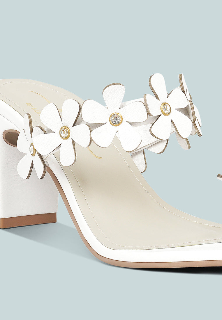 women floral applique slip-on block heels#color_white