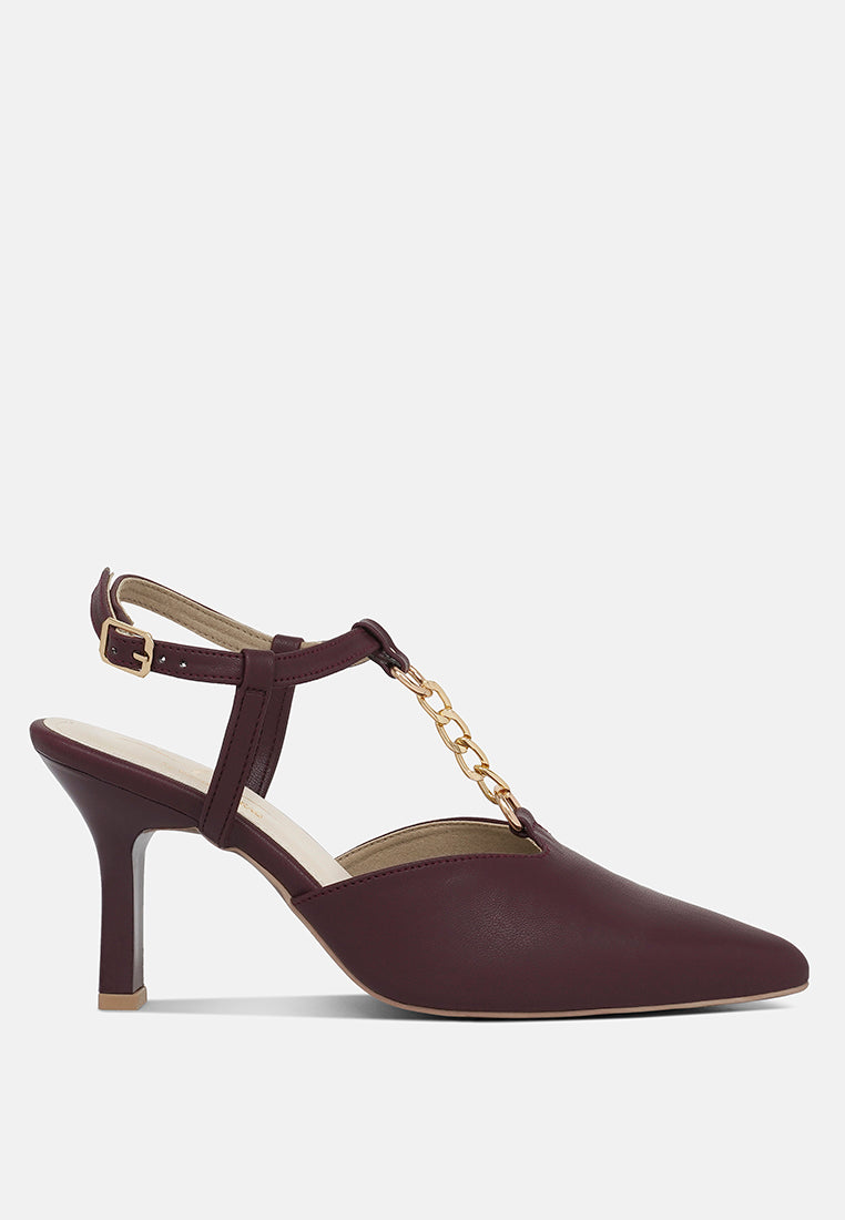 women metallic chain t strap sandals#color_burgundy
