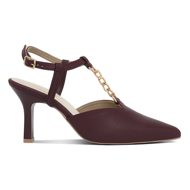women metallic chain t strap sandals#color_burgundy