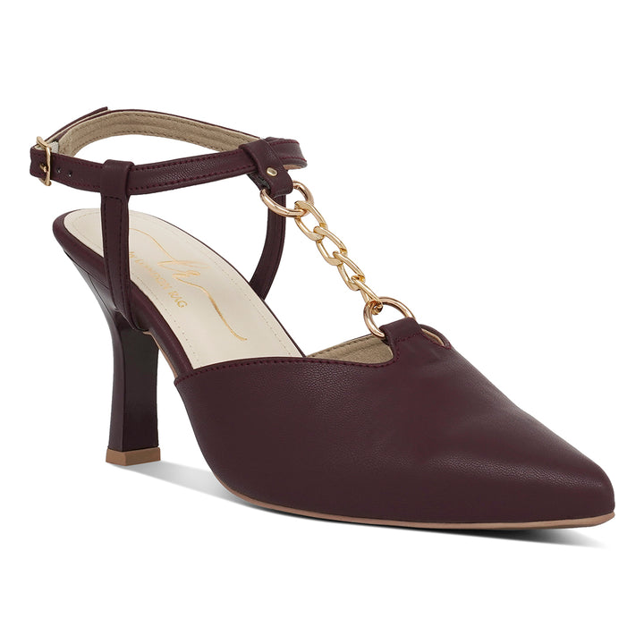 women metallic chain t strap sandals#color_burgundy