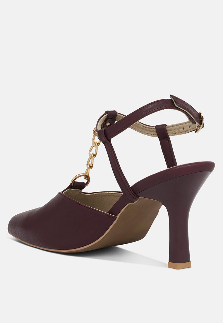 women metallic chain t strap sandals#color_burgundy