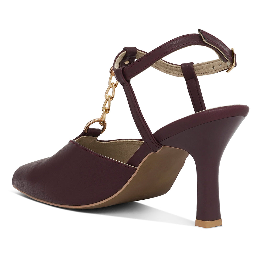 women metallic chain t strap sandals#color_burgundy