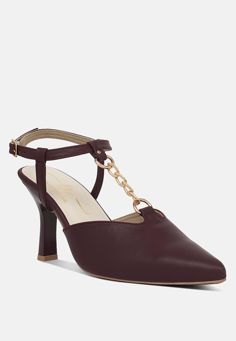 women metallic chain t strap sandals#color_burgundy