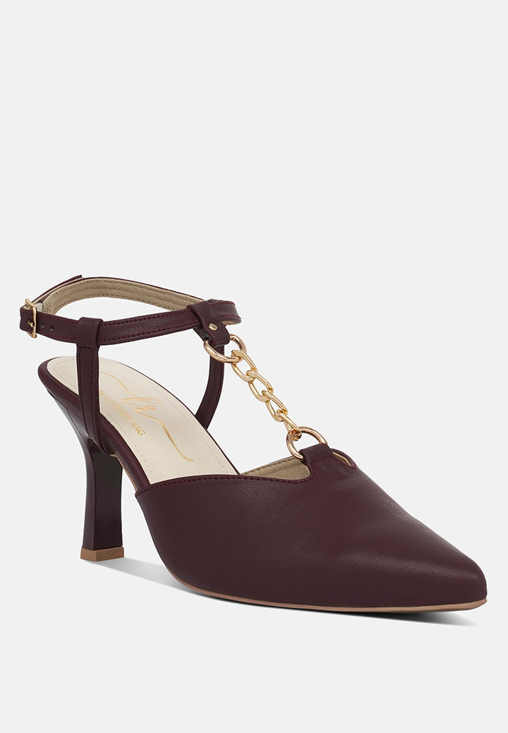 women metallic chain t strap sandals#color_burgundy