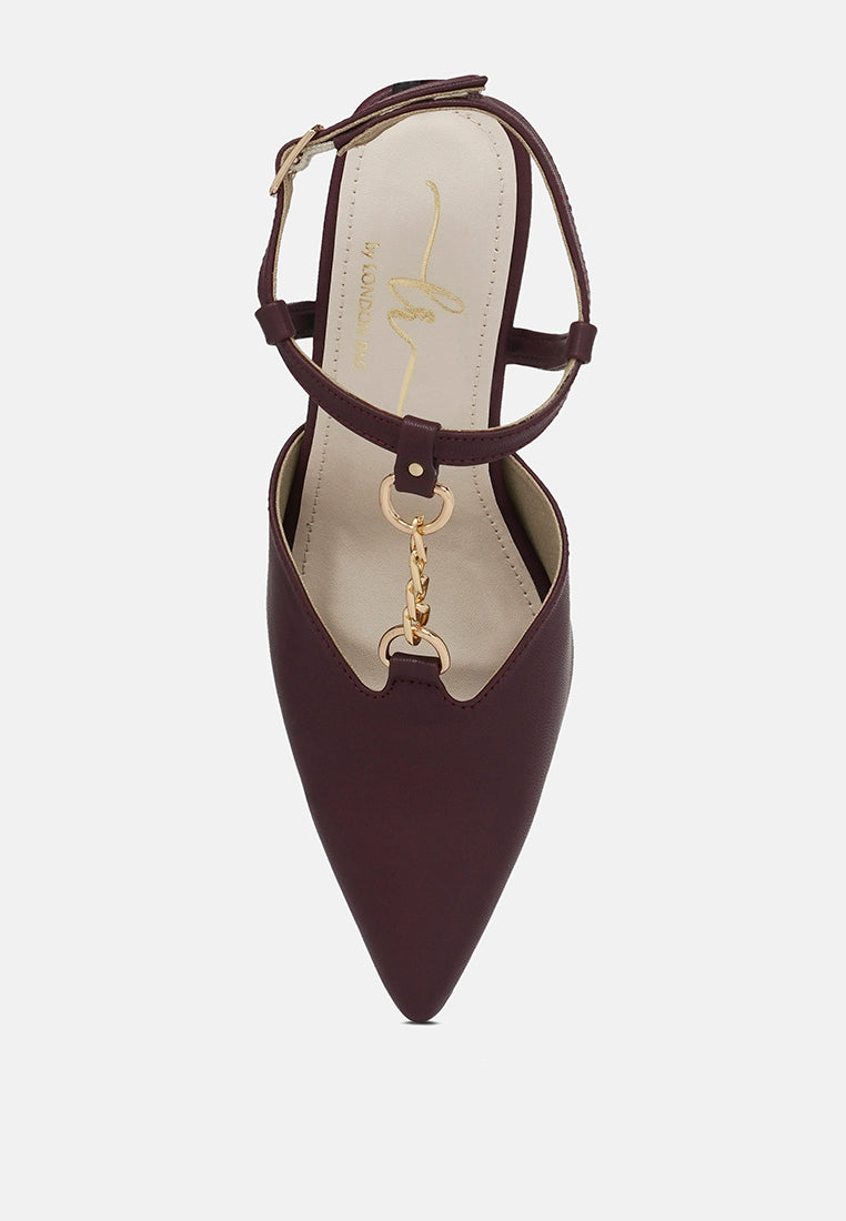 women metallic chain t strap sandals#color_burgundy