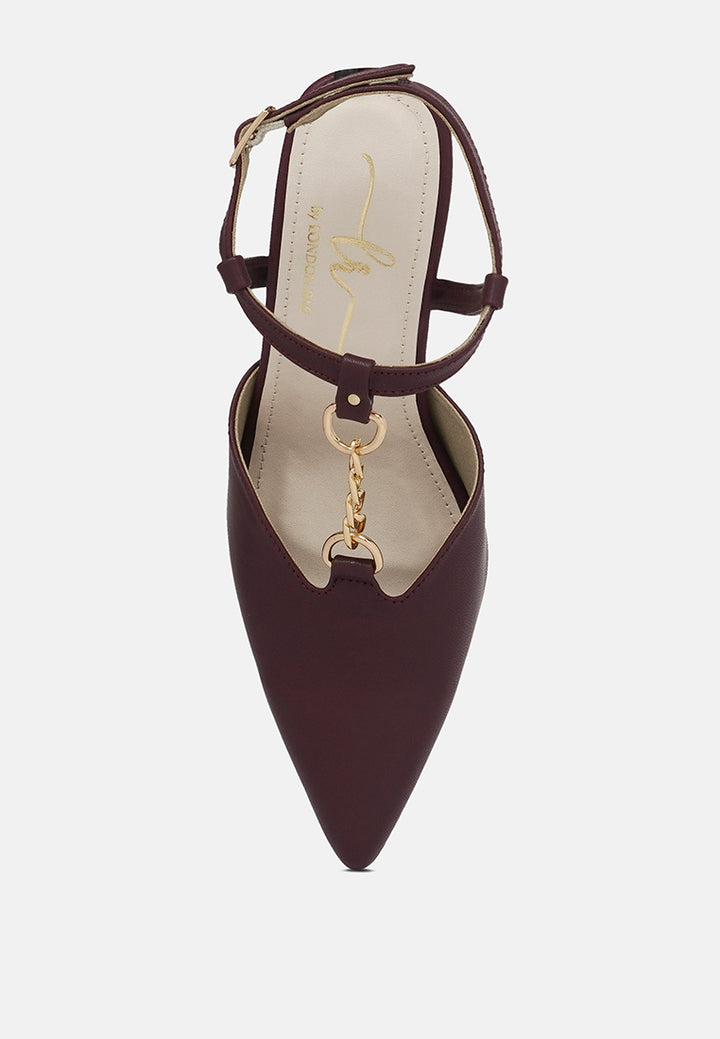 women metallic chain t strap sandals#color_burgundy