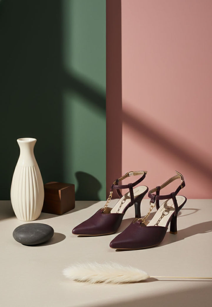 women metallic chain t strap sandals#color_burgundy