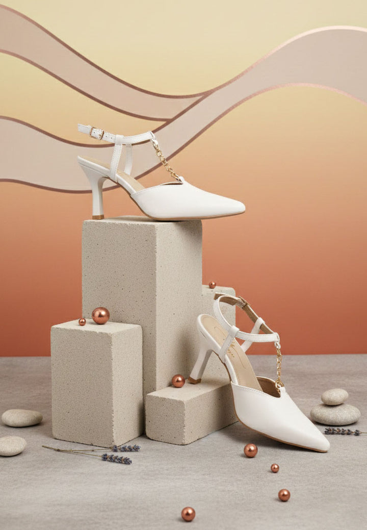 women metallic chain t strap sandals#color_white