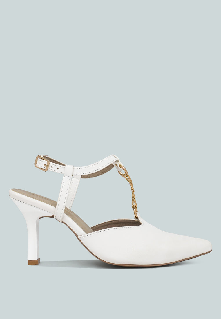 women metallic chain t strap sandals#color_white