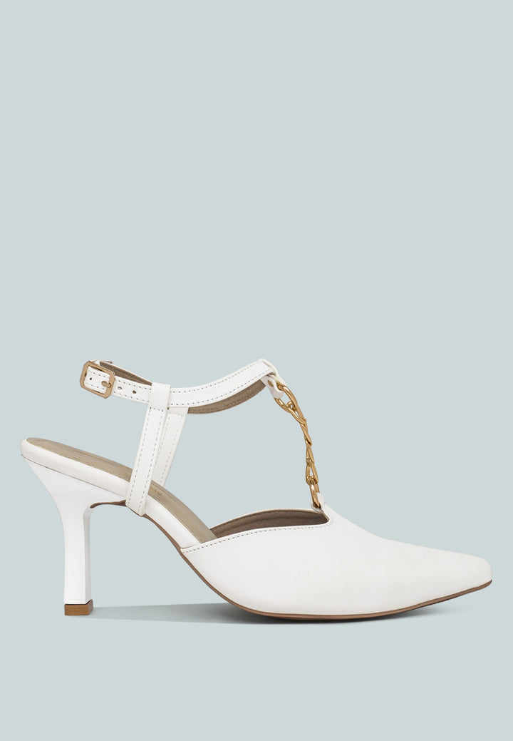 women metallic chain t strap sandals#color_white