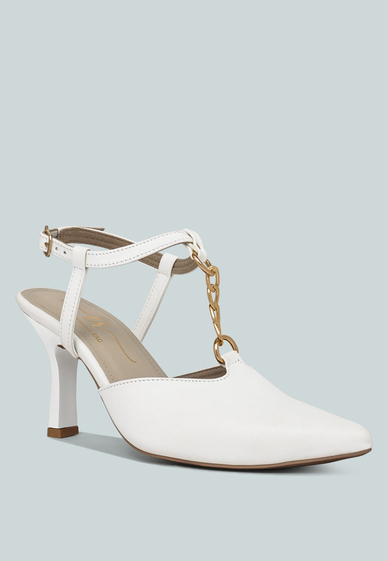 women metallic chain t strap sandals#color_white