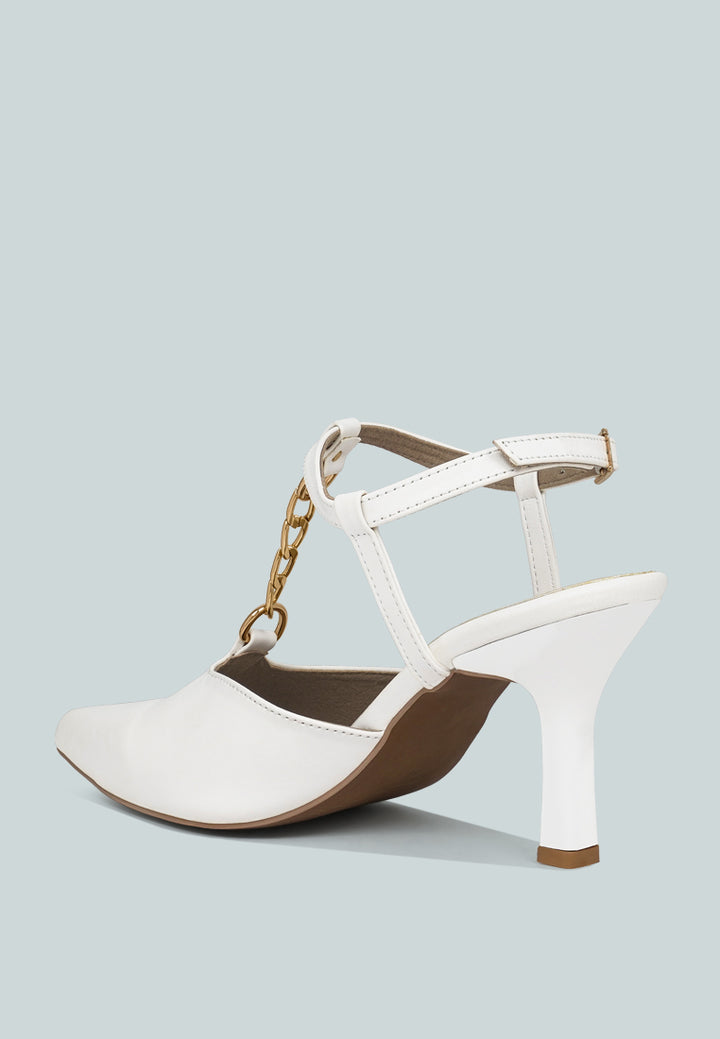 women metallic chain t strap sandals#color_white