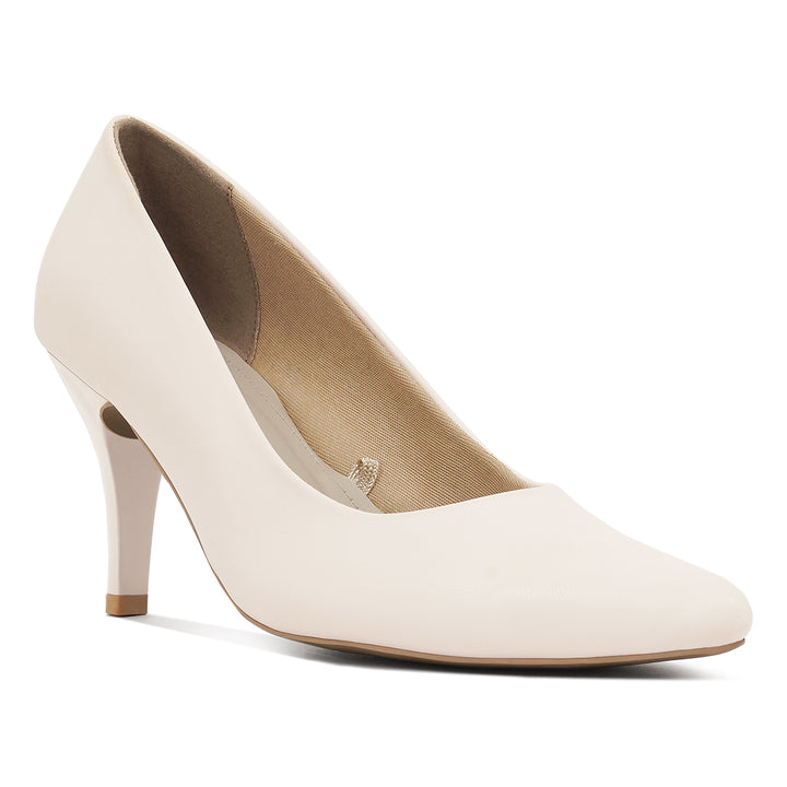 women faux leather stiletto pumps#color_beige
