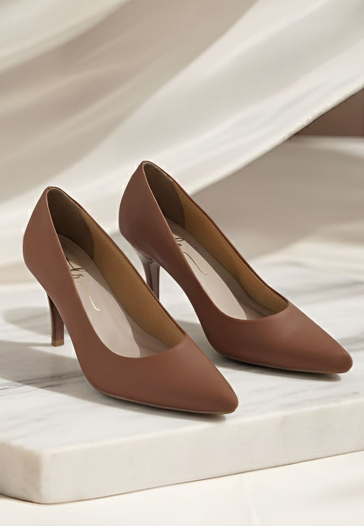 women faux leather stiletto pumps#color_brown