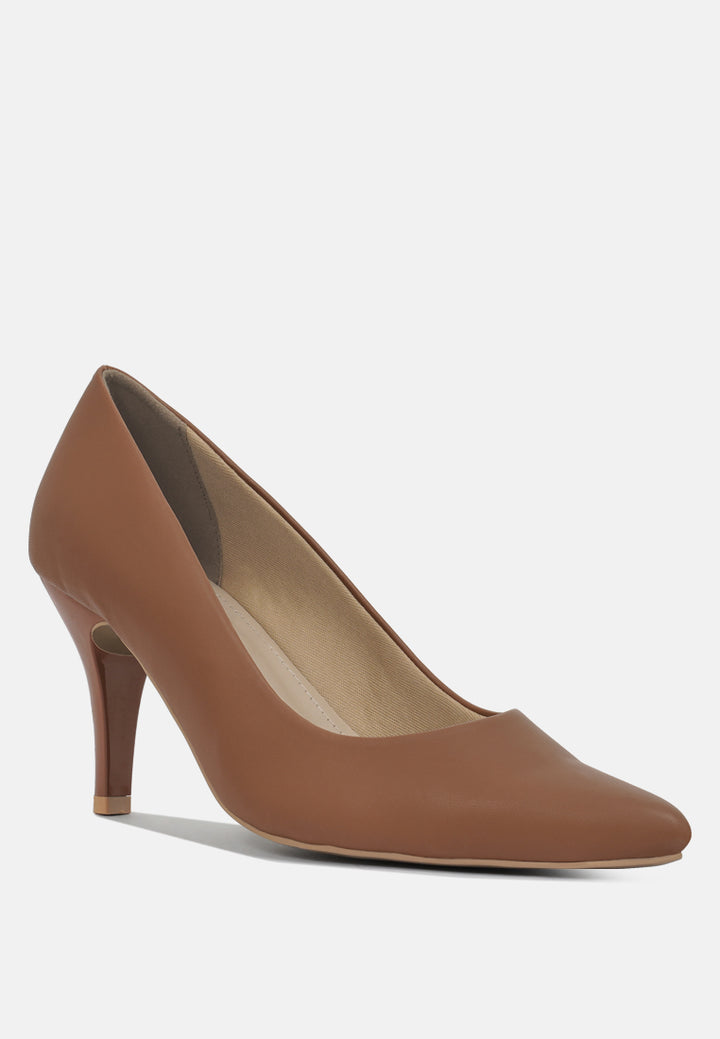 women faux leather stiletto pumps#color_brown