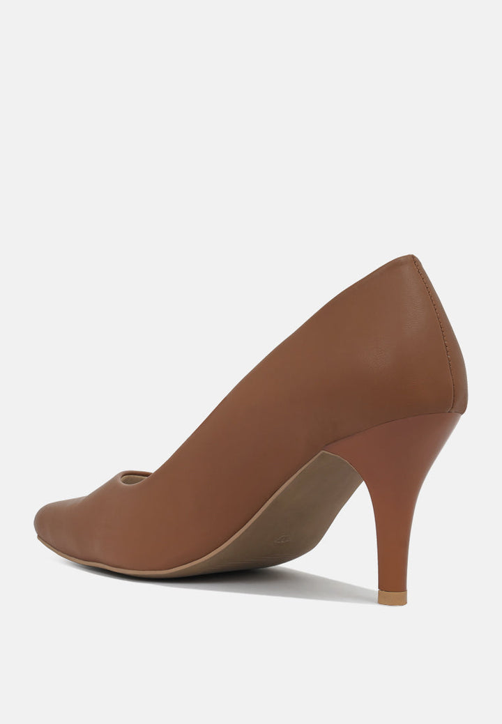 women faux leather stiletto pumps#color_brown