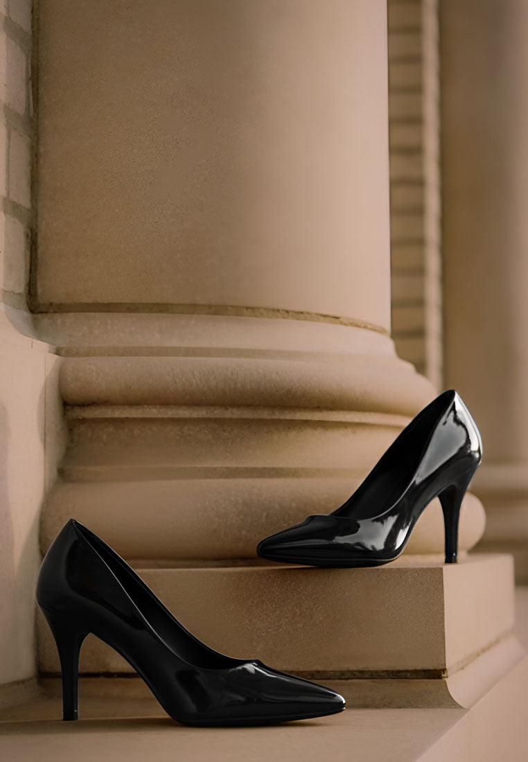 women patent faux leather stiletto pumps#color_black