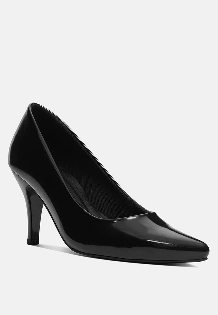 women patent faux leather stiletto pumps#color_black