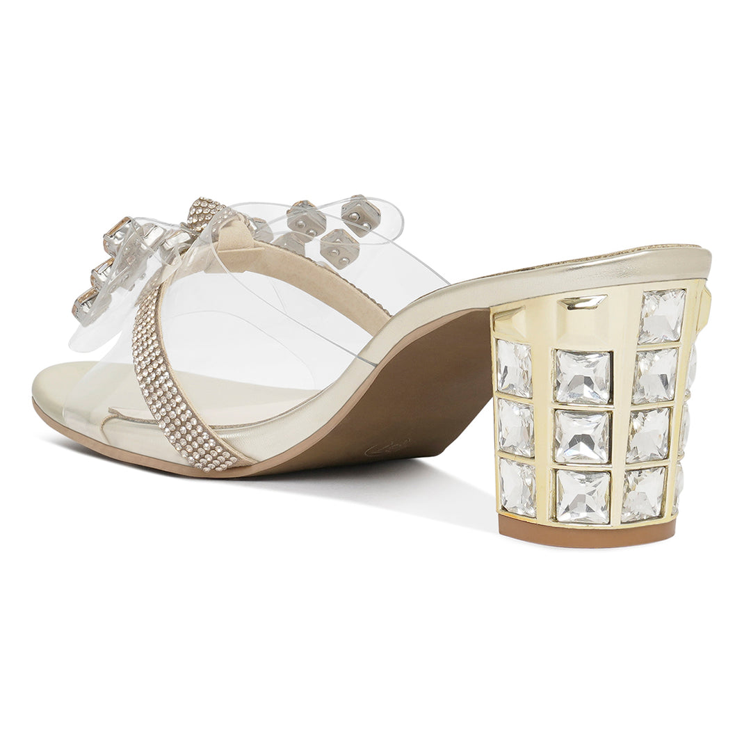 women clear diamante embellished block heels#color_gold