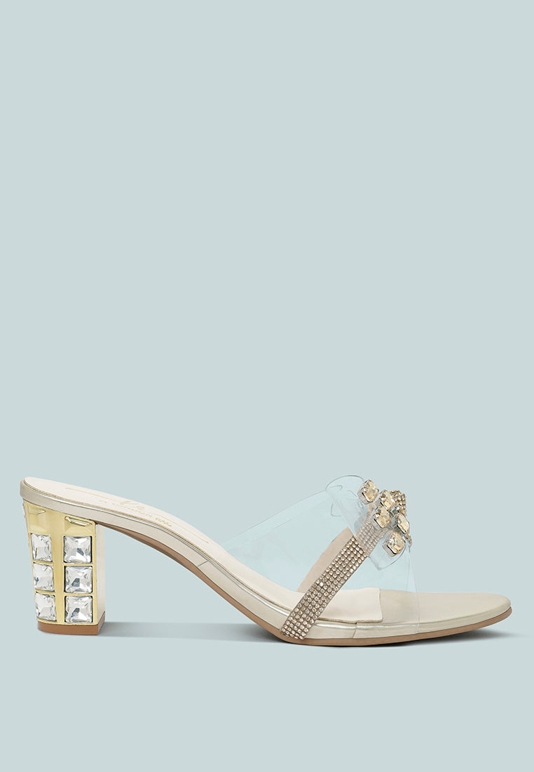 women clear diamante embellished block heels#color_gold