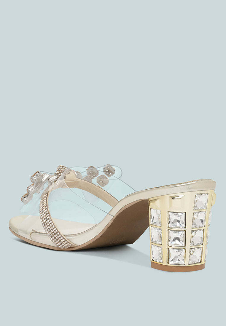 women clear diamante embellished block heels#color_gold