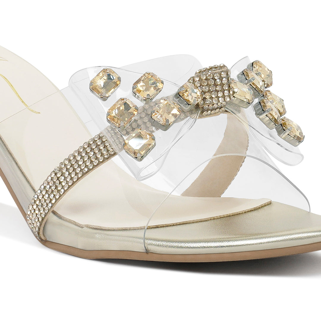 women clear diamante embellished block heels#color_gold