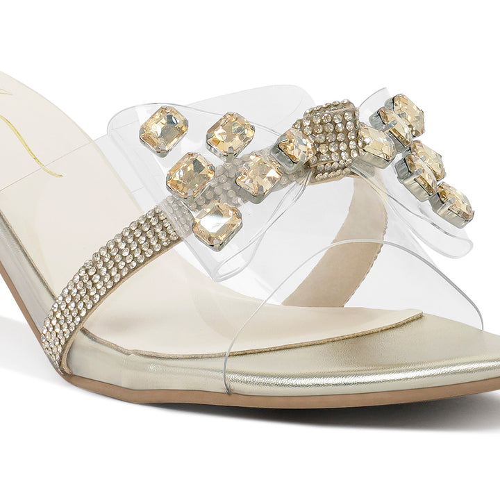 women clear diamante embellished block heels#color_gold