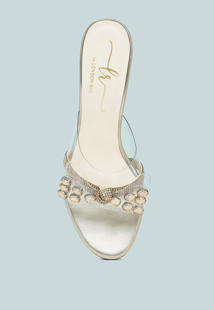 women clear diamante embellished block heels#color_gold