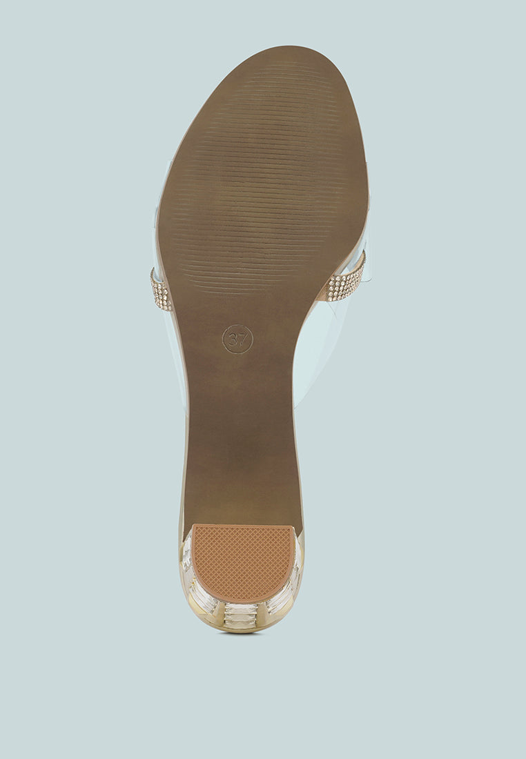 women clear diamante embellished block heels#color_gold