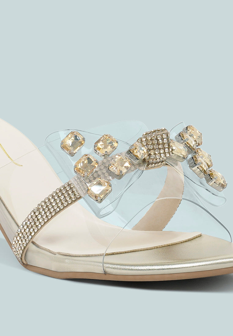 women clear diamante embellished block heels#color_gold