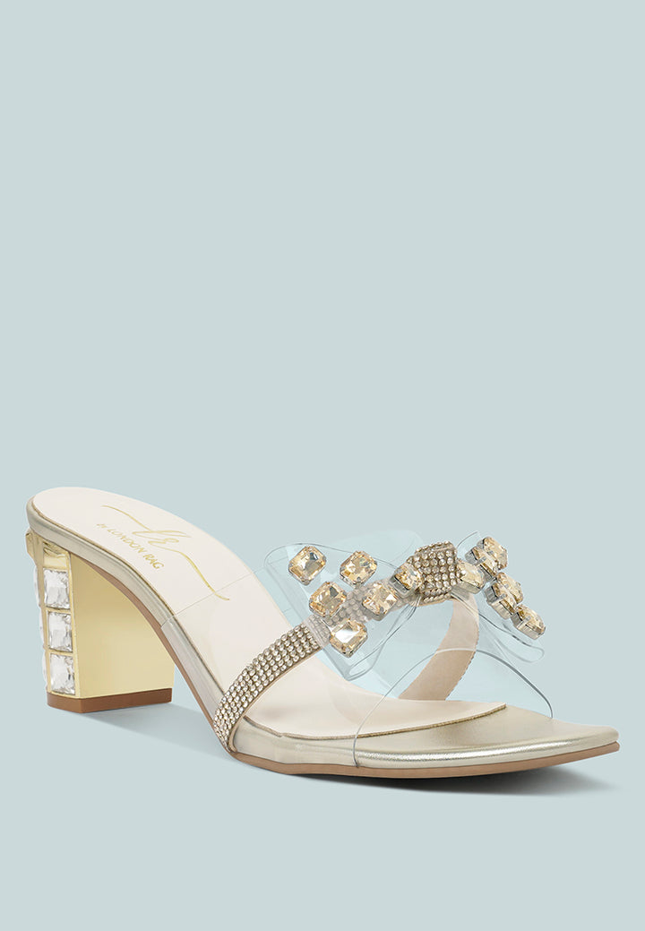 women clear diamante embellished block heels#color_gold