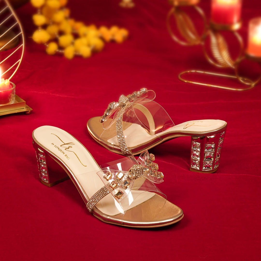 Women Clear Diamante Embellished Block Heels