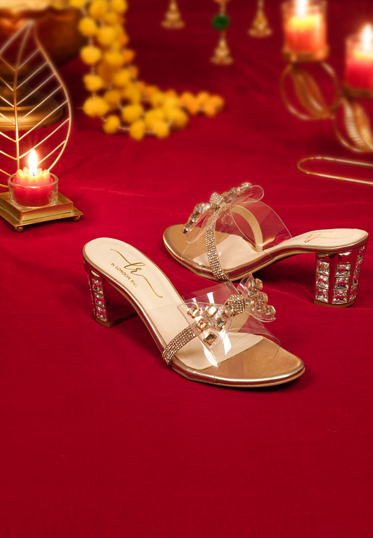 women clear diamante embellished block heels#color_gold