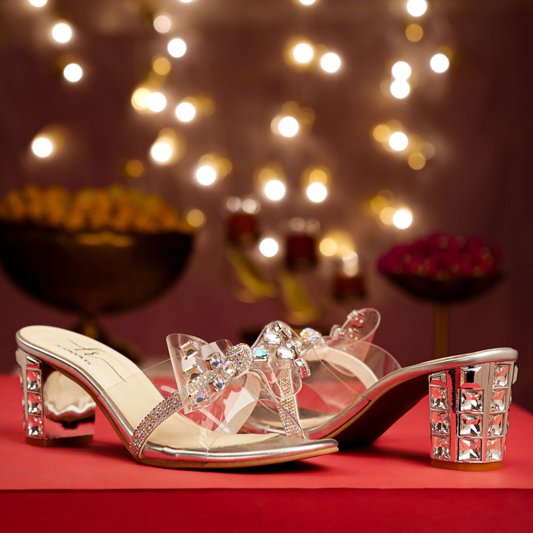 Women Clear Diamante Embellished Block Heels