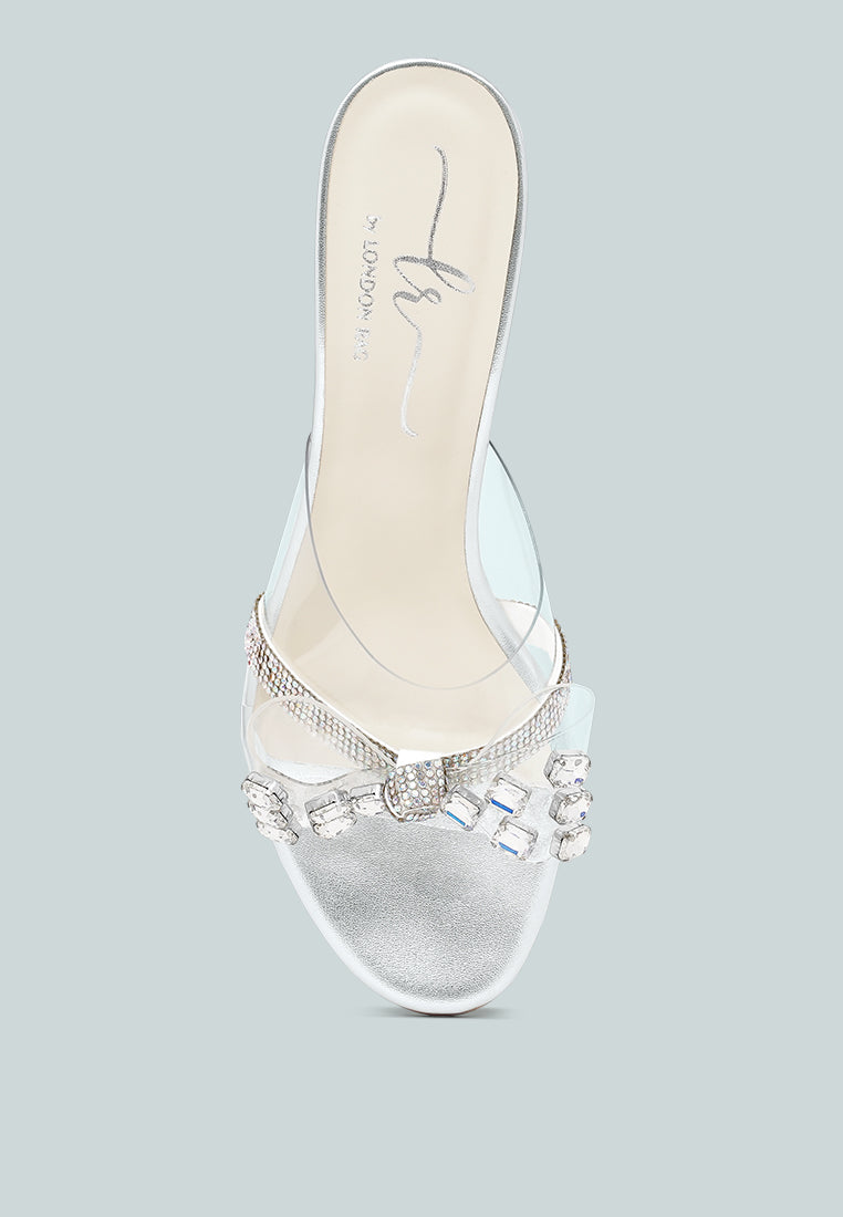 women clear diamante embellished block heels#color_silver