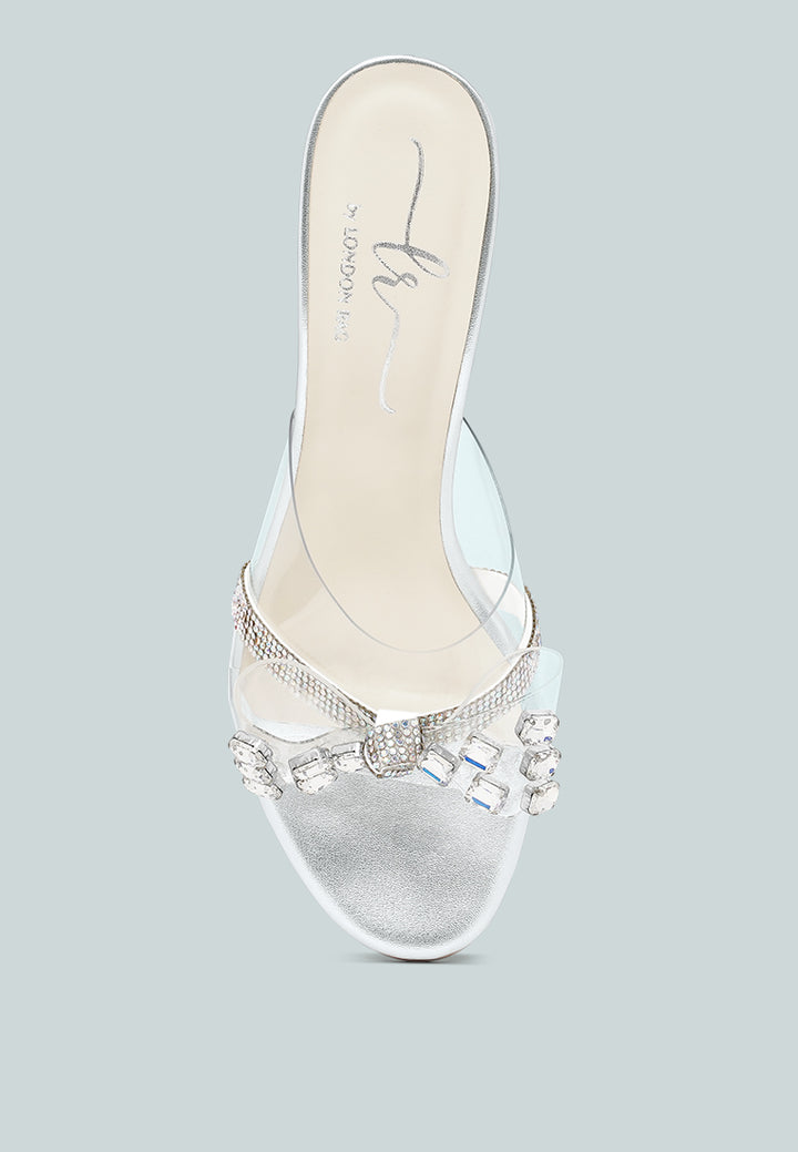 women clear diamante embellished block heels#color_silver