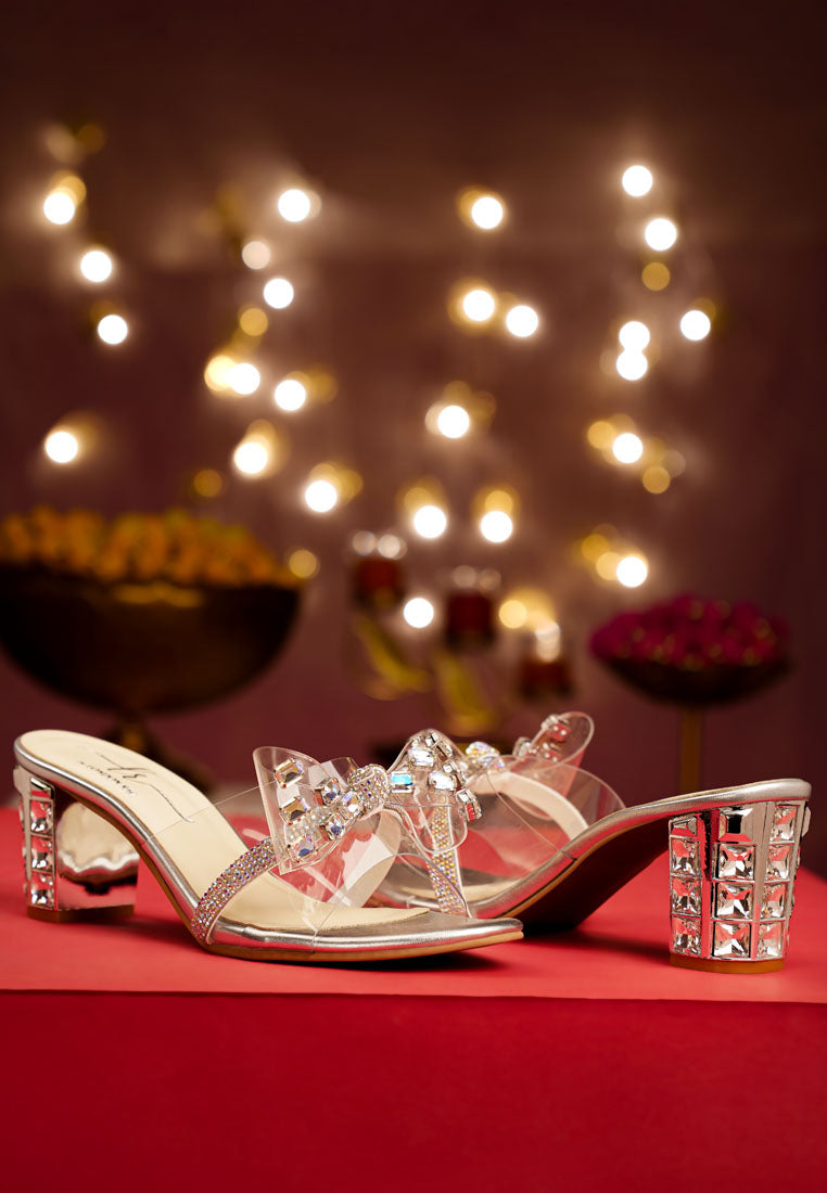 women clear diamante embellished block heels#color_silver