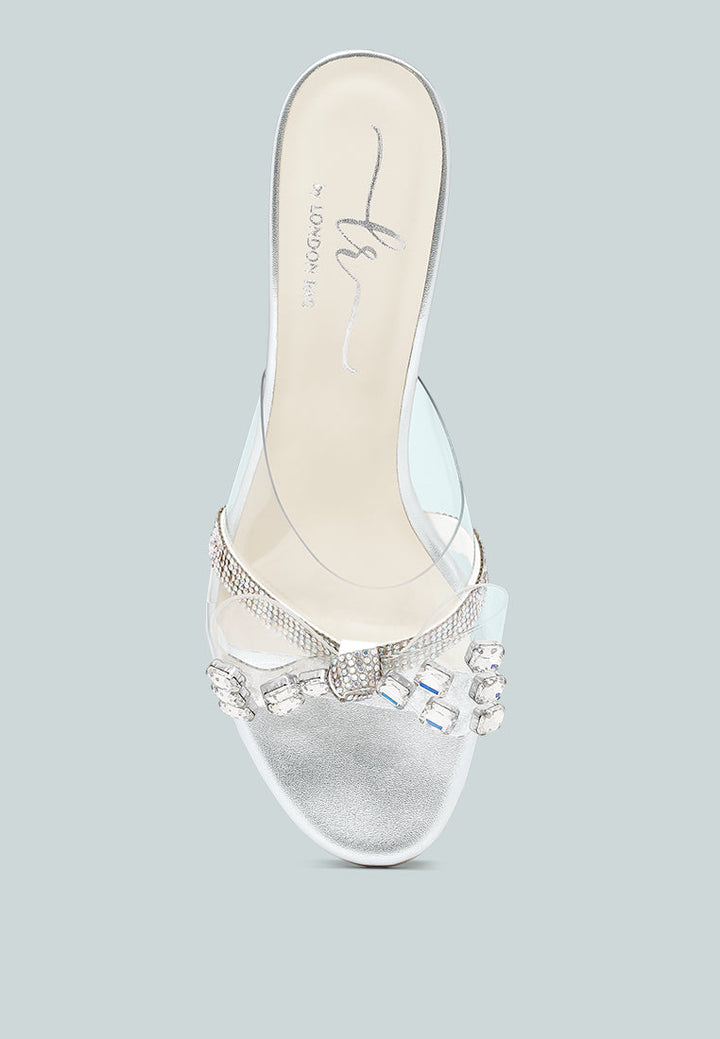 women clear diamante embellished block heels#color_silver