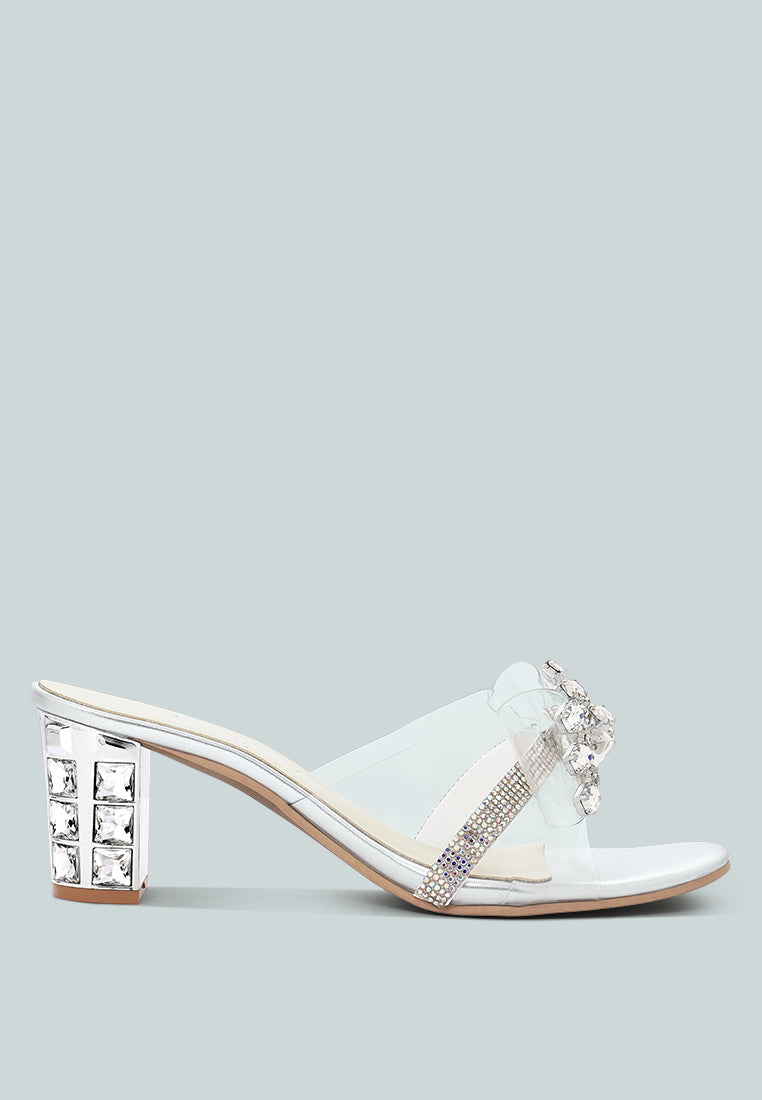 women clear diamante embellished block heels#color_silver