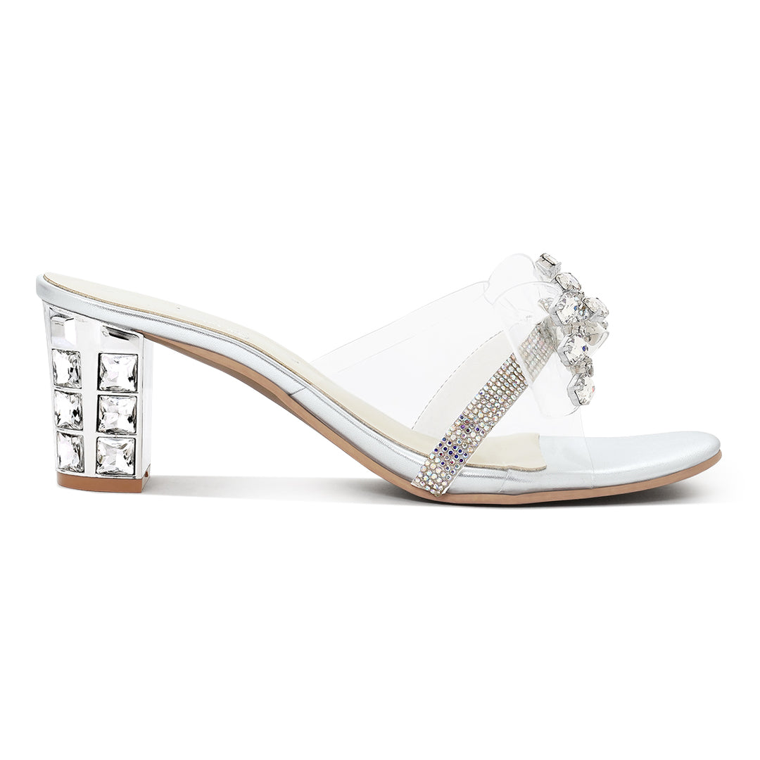 women clear diamante embellished block heels#color_silver