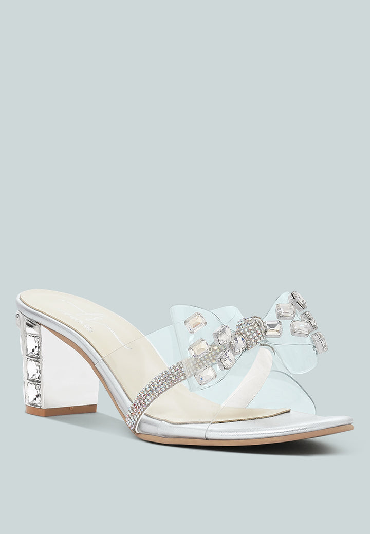 women clear diamante embellished block heels#color_silver