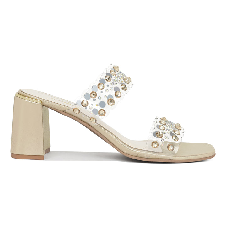 women metallic clear strap block heels#color_gold