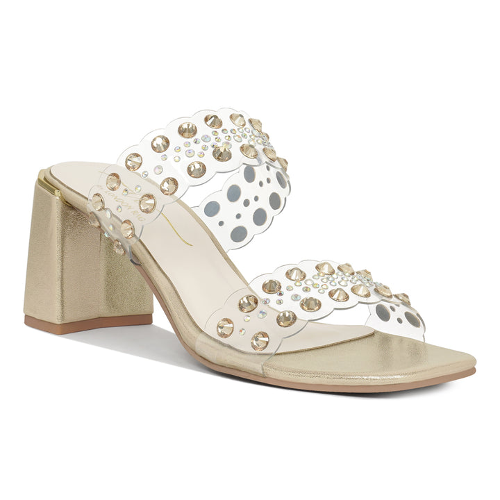 women metallic clear strap block heels#color_gold